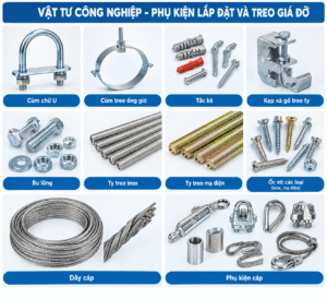 Vật Tư Công Nghiệp Tại Thành Thành Công, Trảng Bàng, Tây Ninh 2026 36 Vật tư công nghiệp gồm cùm chữ U, cùm treo ống gió, tắc kê, kẹp xà gồ treo ty, bu lông, ty treo inox, ty treo mạ điện, ốc vít inox và phụ kiện dây cáp